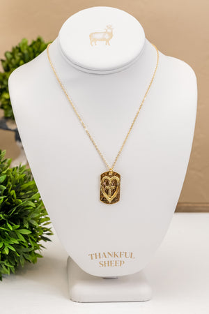 Thankful Sheep Cross in Heart on Hammered Tag Necklace