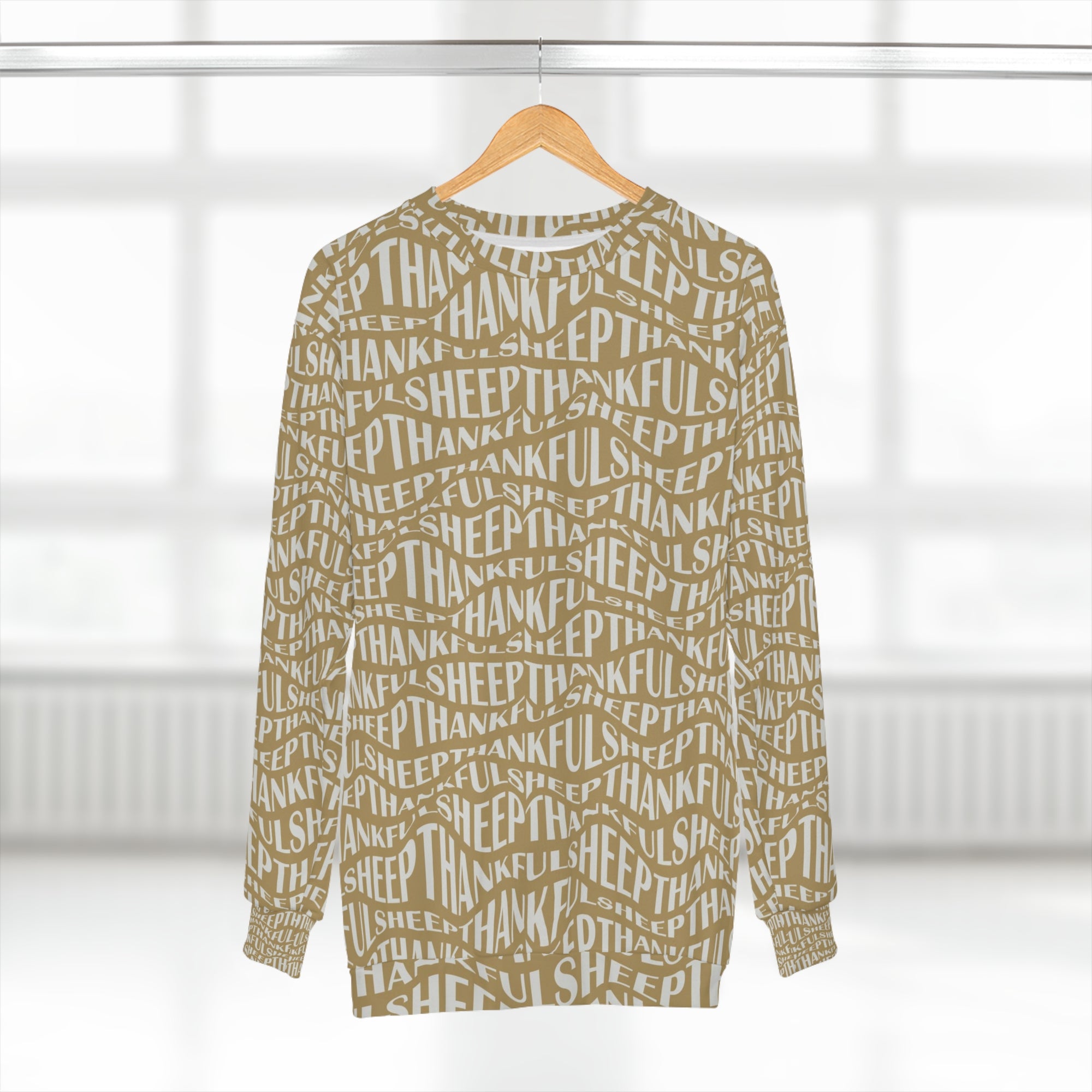 Thankful Sheep Sweatshirt in All Over Sheep Design  Light Gray/Gold