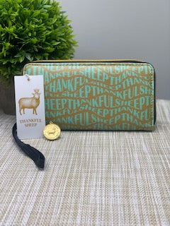 Thankful Sheep All Over Sheep Zip Wallet With Strap Gold/Blue