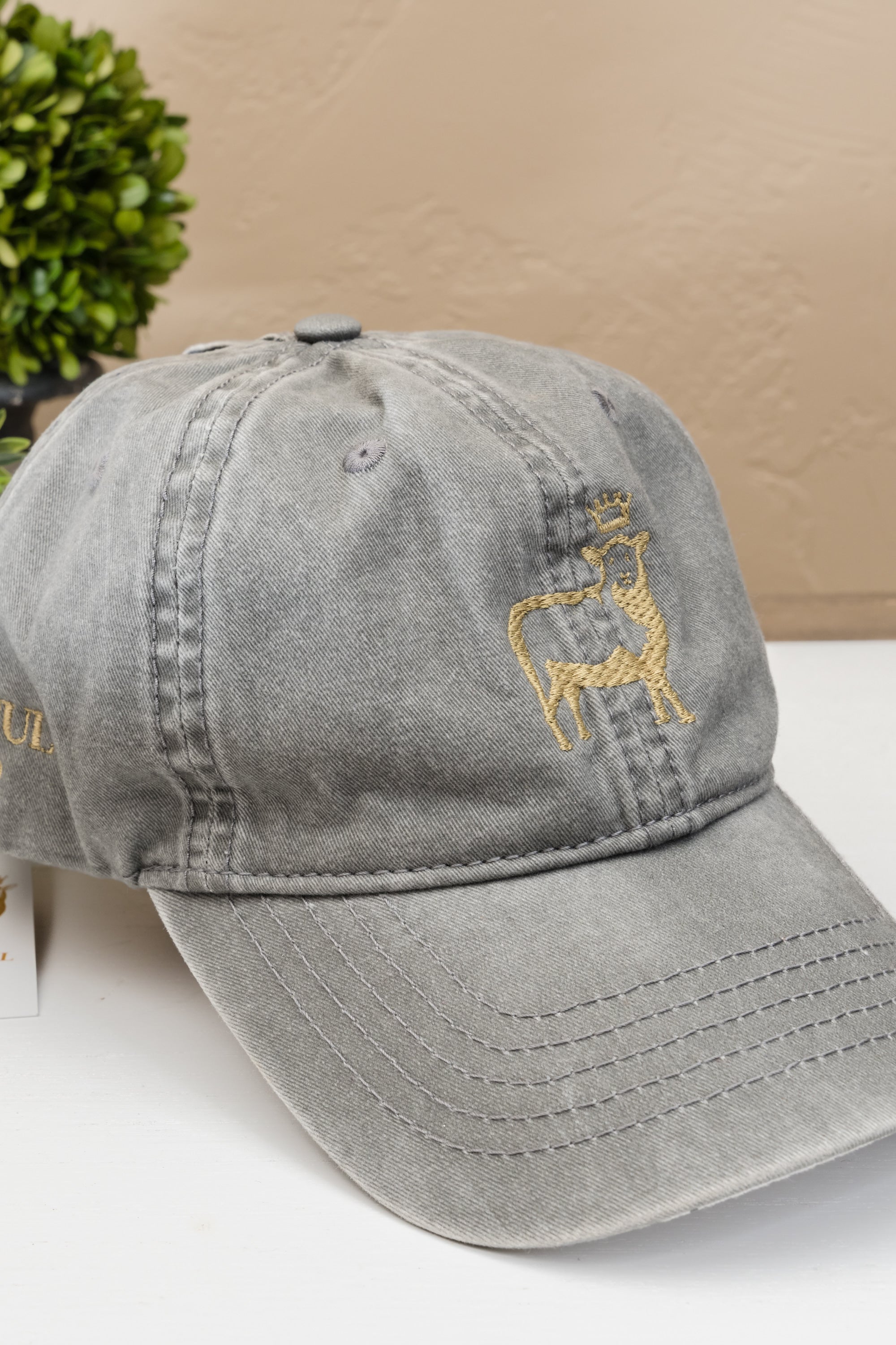 Thankful Sheep Embroidery Gray Hat Gold Stitching