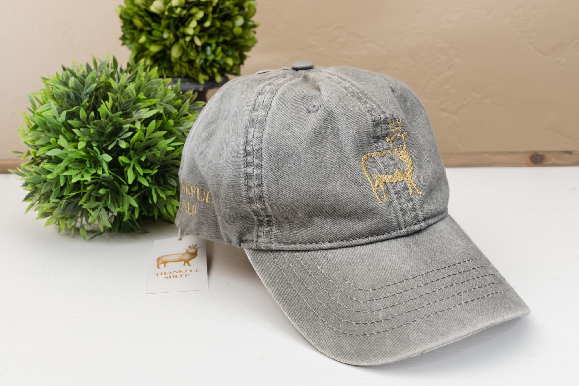 Thankful Sheep Embroidery Gray Hat Gold Stitching