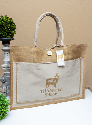 Thankful Sheep Burlap Tote