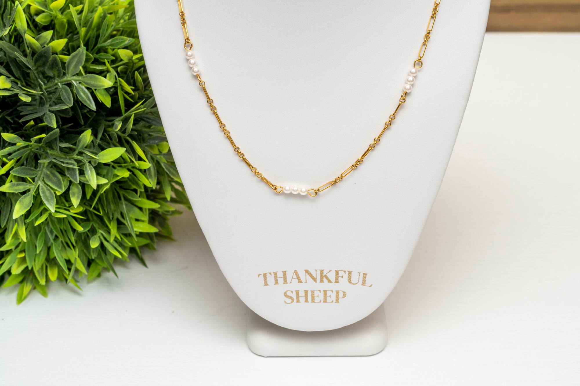 Thankful Sheep Dainty Pearl and Chain Necklace