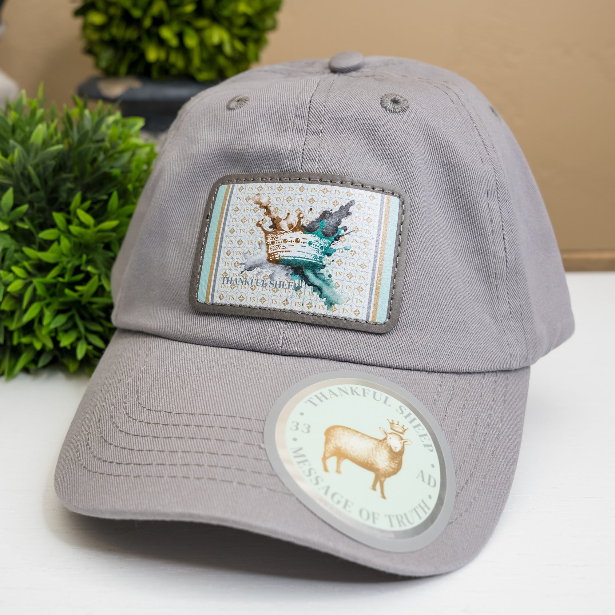 Thankful Sheep Painted Crown Dad Hat On Elle Gray/Gold/Blue/Light Gray