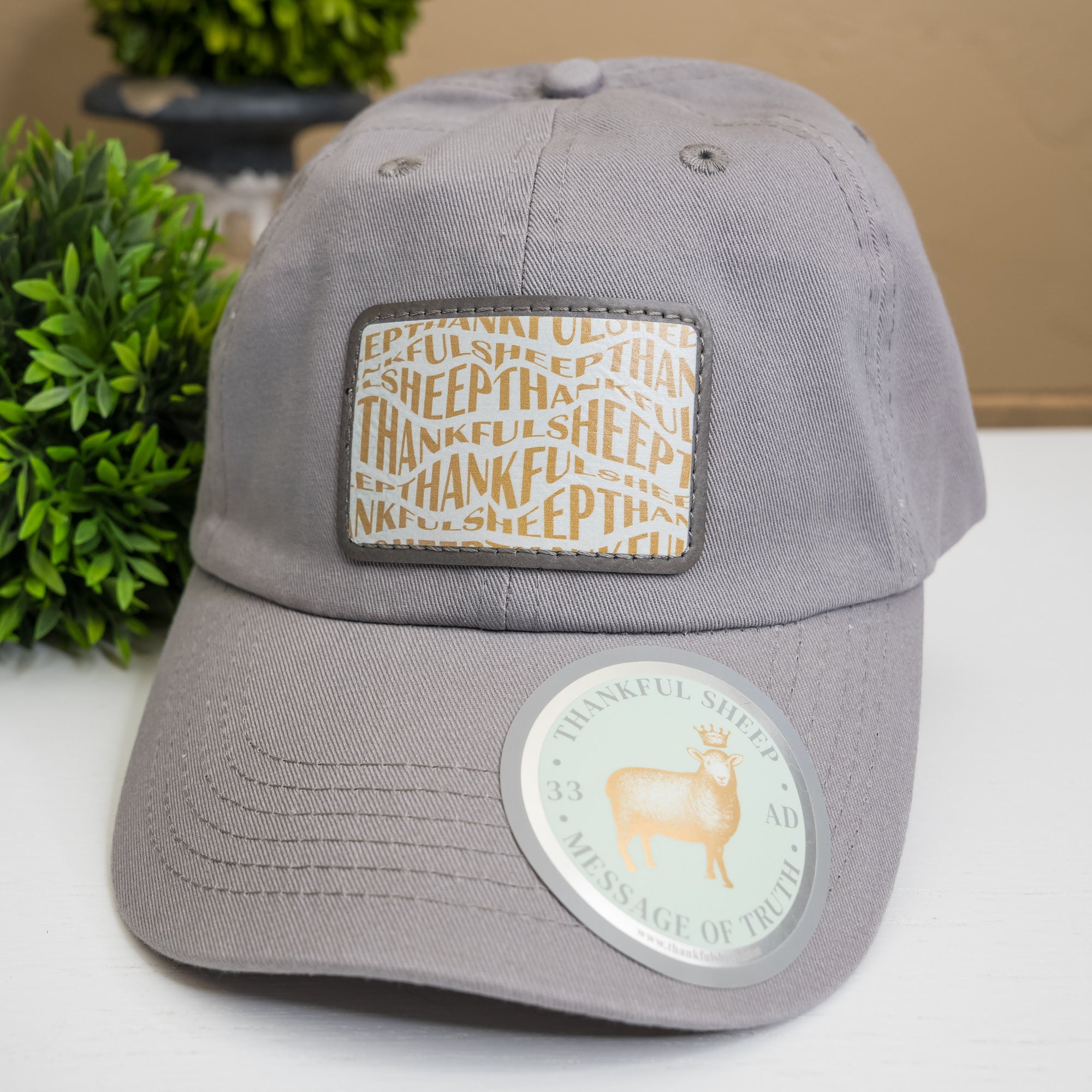 Thankful Sheep All Over Sheep Patch Dad Hat Light Gray/Gold