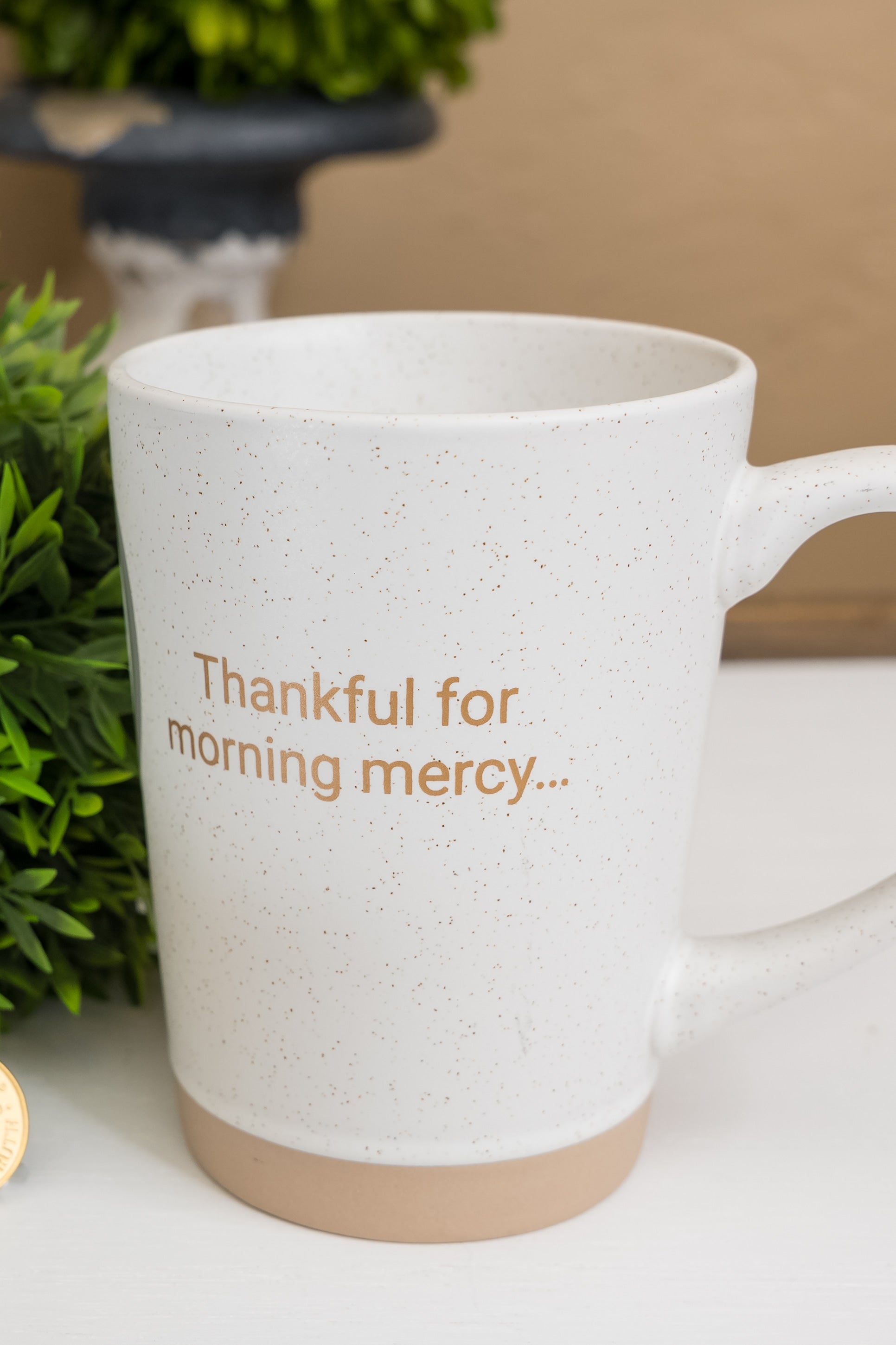 Thankful Sheep Speckled Clay Mug  Thankful for morning mercy...