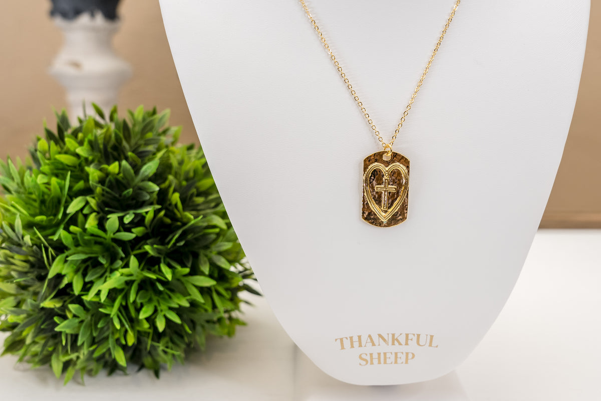 Thankful Sheep Cross in Heart on Hammered Tag Necklace