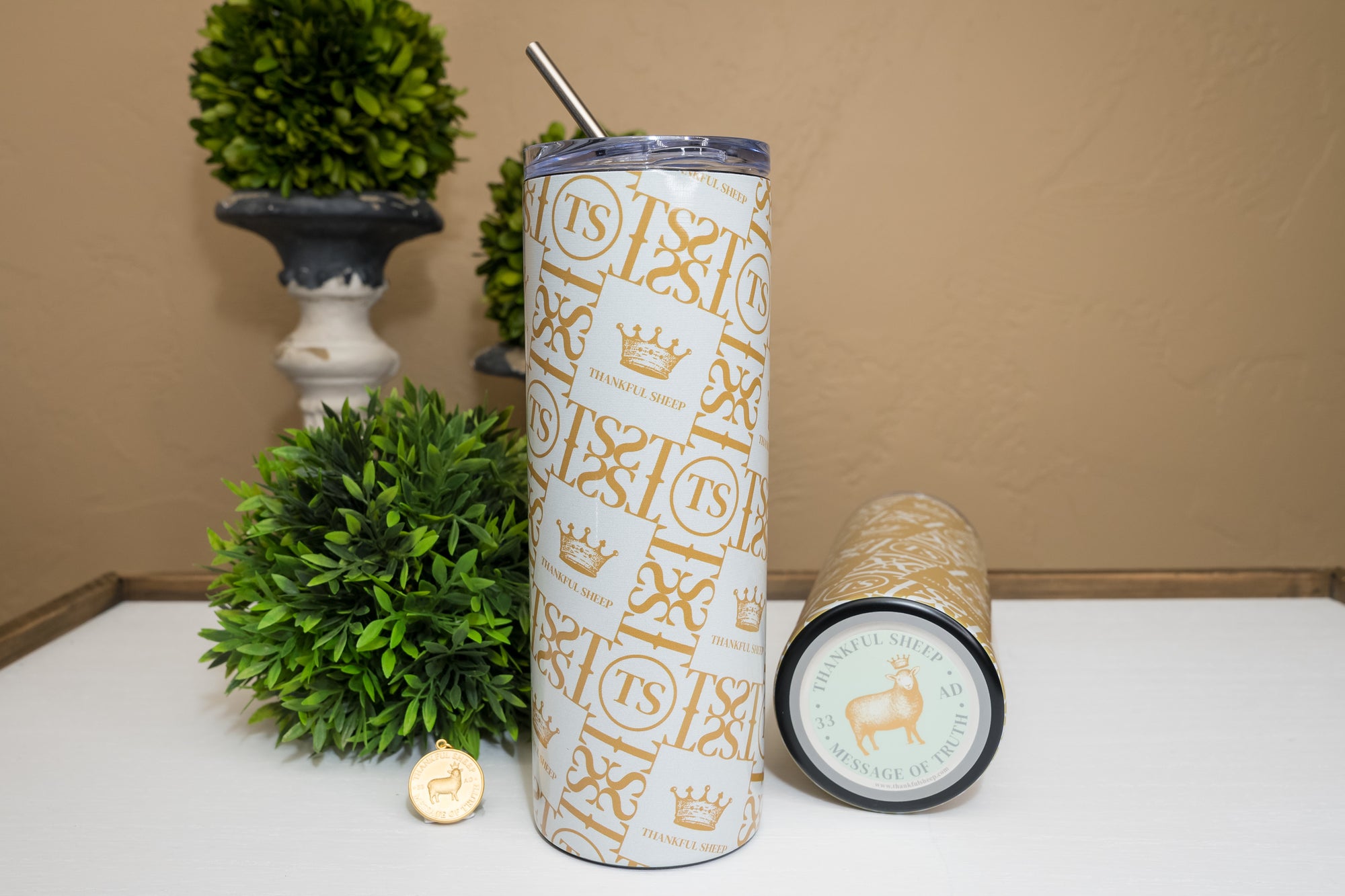 Thankful Sheep Icons Stainless Steel 20oz Tumbler Light Gray/Gold