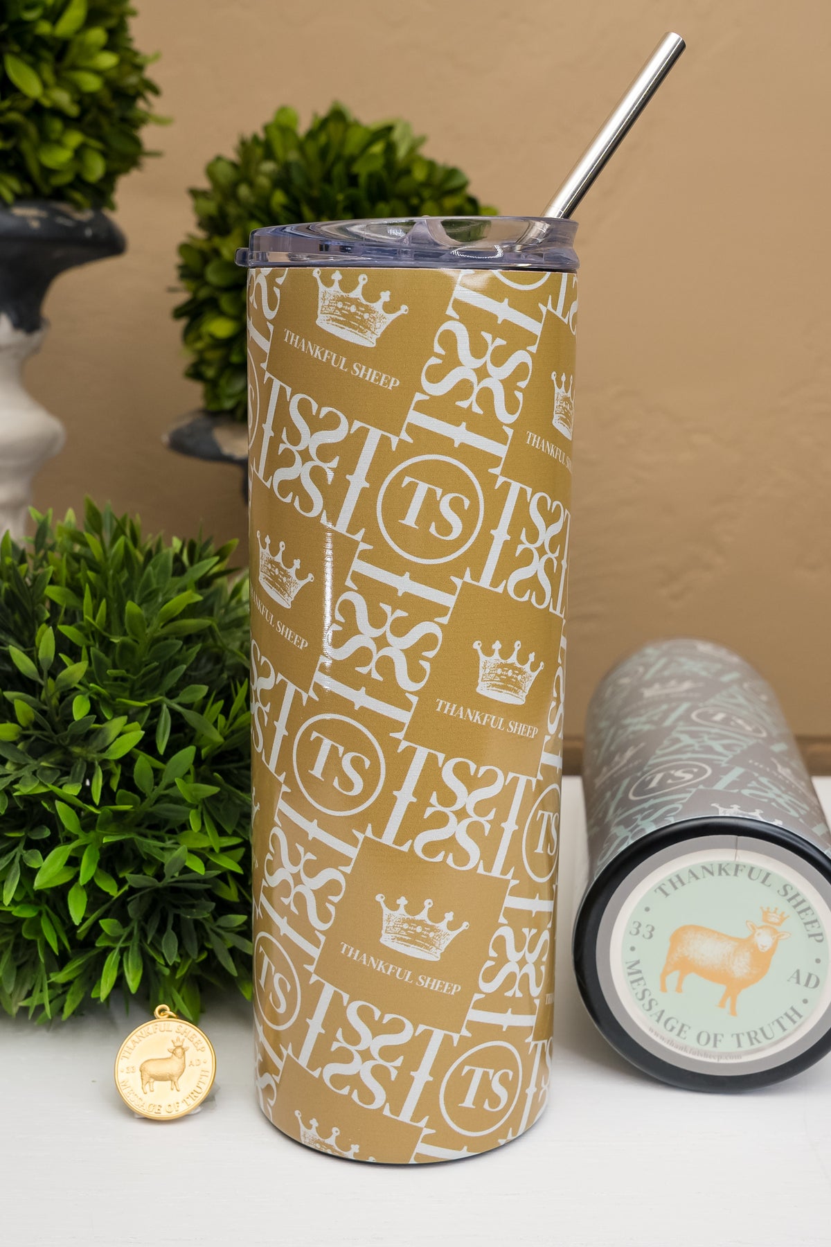 Thankful Sheep Stainless Steele 20oz Tumbler Gold/Light Gray