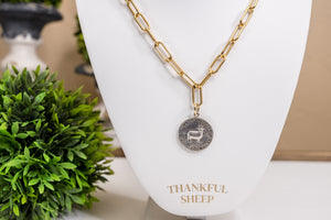 Thankful Sheep Gold Link Necklace with Contrasting Silver 'Message of Truth" Medallion