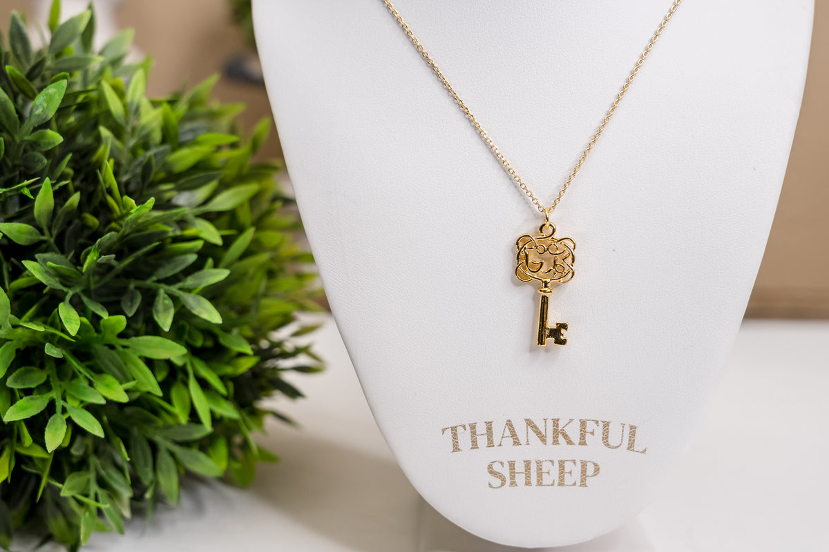 Thankful Sheep Vintage Scroll Key Necklace