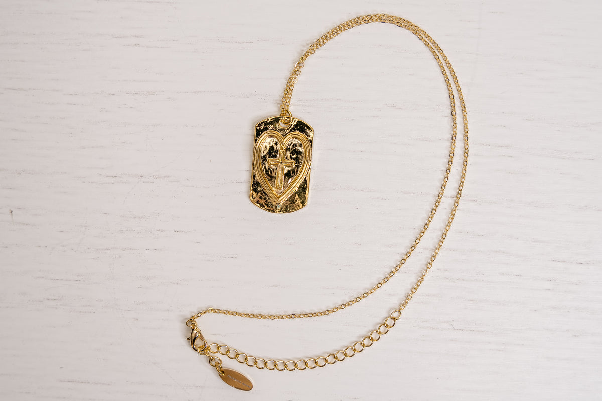 Thankful Sheep Cross in Heart on Hammered Tag Necklace