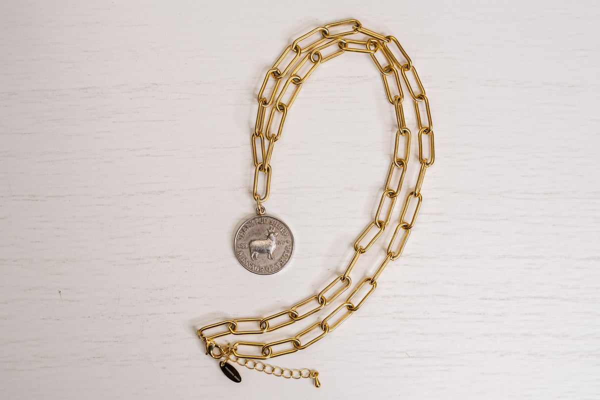 Thankful Sheep Gold Link Necklace with Contrasting Silver 'Message of Truth" Medallion
