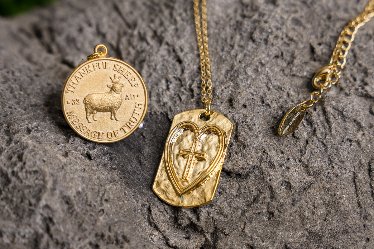 Thankful Sheep Cross in Heart on Hammered Tag Necklace