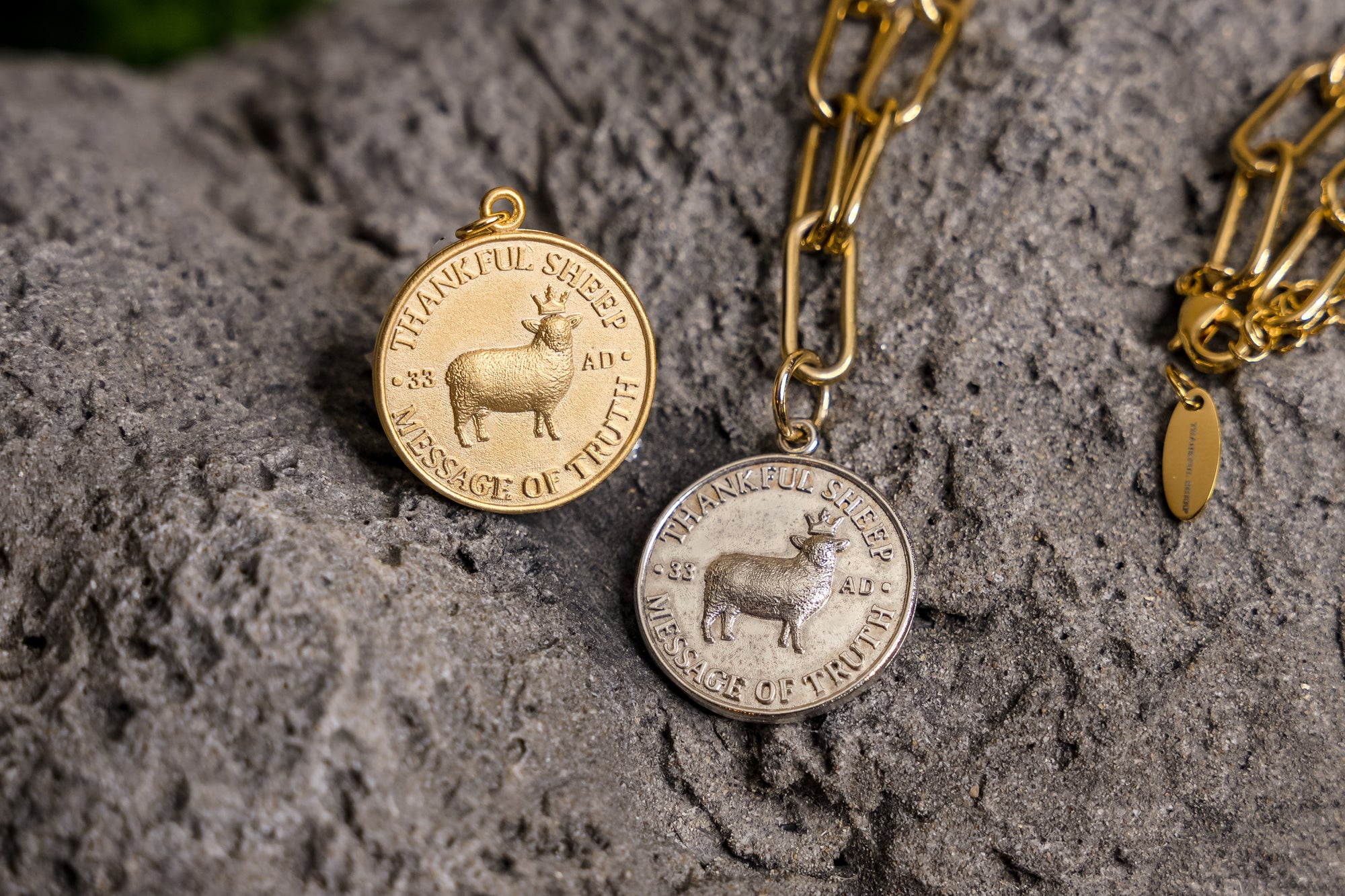 Thankful Sheep Gold Link Necklace with Contrasting Silver 'Message of Truth" Medallion