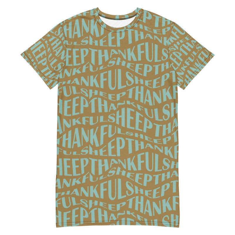 Thankful Sheep All Over Sheep T-Shirt Dress    Gold/Blue