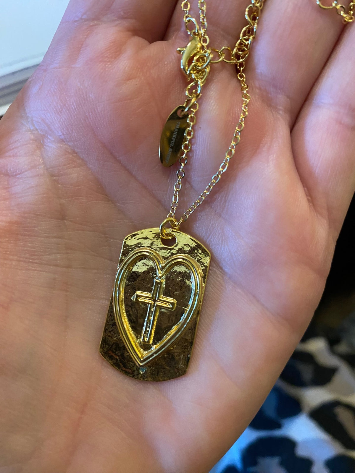 Thankful Sheep Cross in Heart on Hammered Tag Necklace