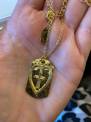 Thankful Sheep Cross in Heart on Hammered Tag Necklace