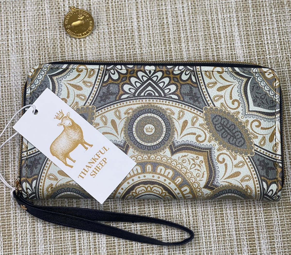 Thankful Sheep Harmony Zip Wallet With Strap  Grays
