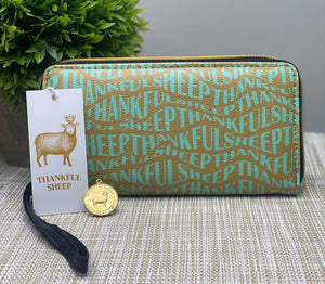 Thankful Sheep All Over Sheep Zip Wallet With Strap Gold/Blue