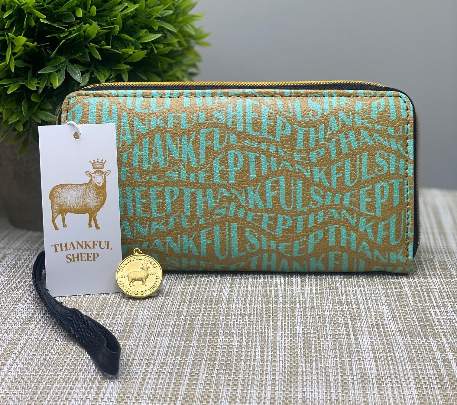 Thankful Sheep All Over Sheep Zip Wallet With Strap Gold/Blue