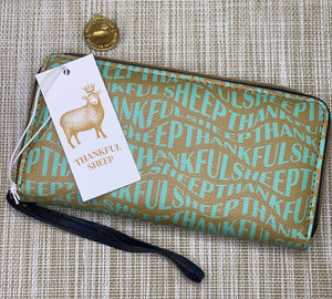 Thankful Sheep All Over Sheep Zip Wallet With Strap Gold/Blue