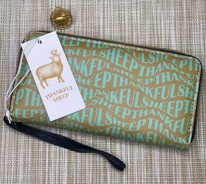 Thankful Sheep All Over Sheep Zip Wallet With Strap Gold/Blue