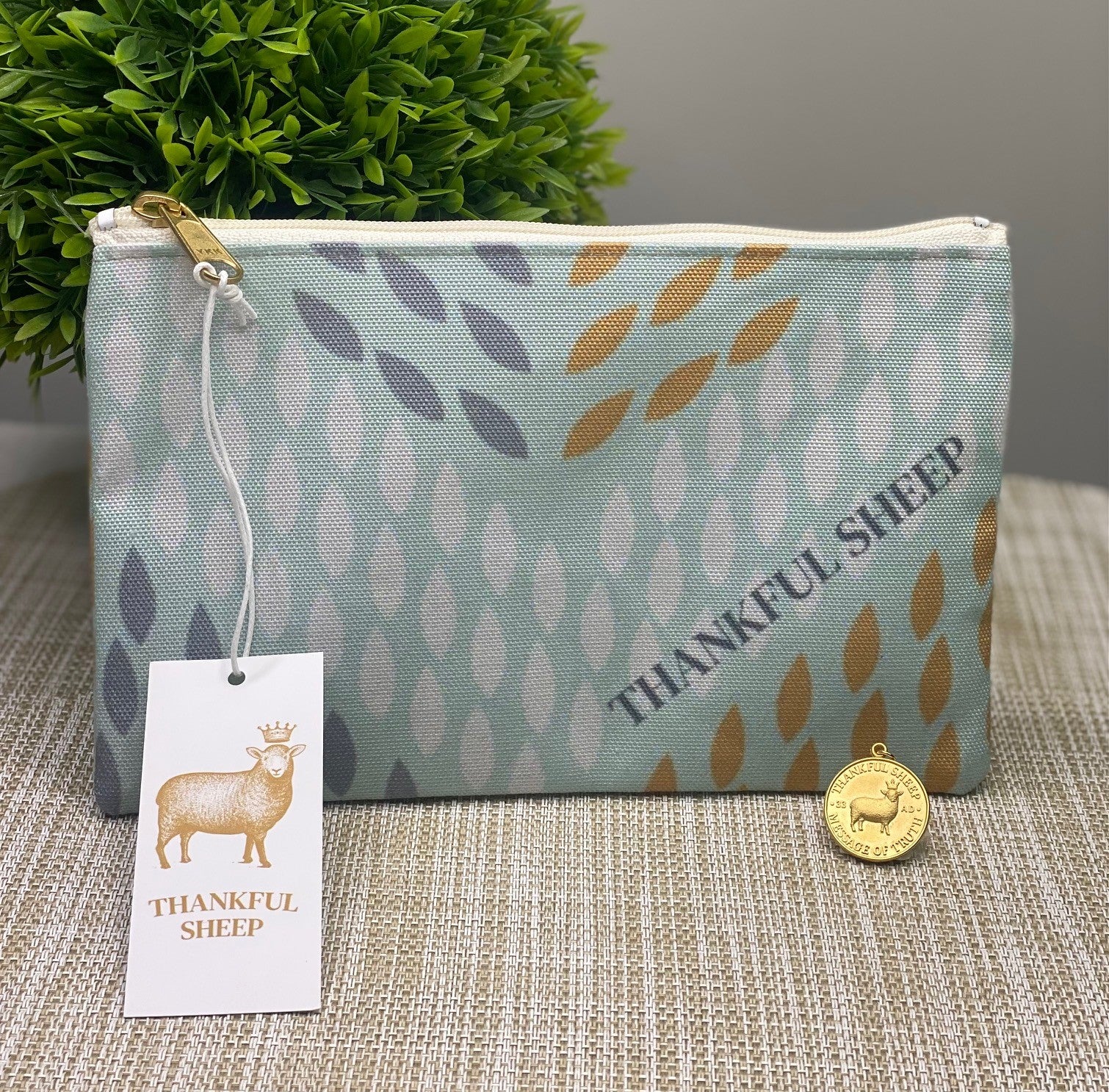 Thankful Sheep Whispers Zipper Pouch    Blue/Gold/Gray/Light Gray