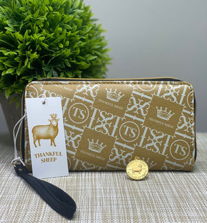 Thankful Sheep Icons Zip Wallet With Strap  Gold/Light Gray