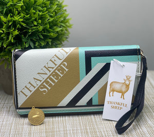 Thankful Sheep Bold Sheep Zip Wallet With Strap  Gold/Blue/Light Gray/Black