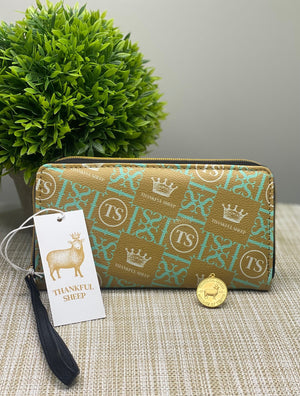 Thankful Sheep Icons Zip Wallet With Strap  Gold/Blue/Light Gray