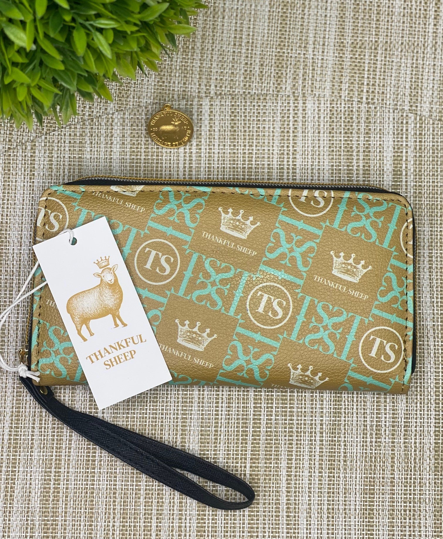 Thankful Sheep Icons Zip Wallet With Strap  Gold/Blue/Light Gray