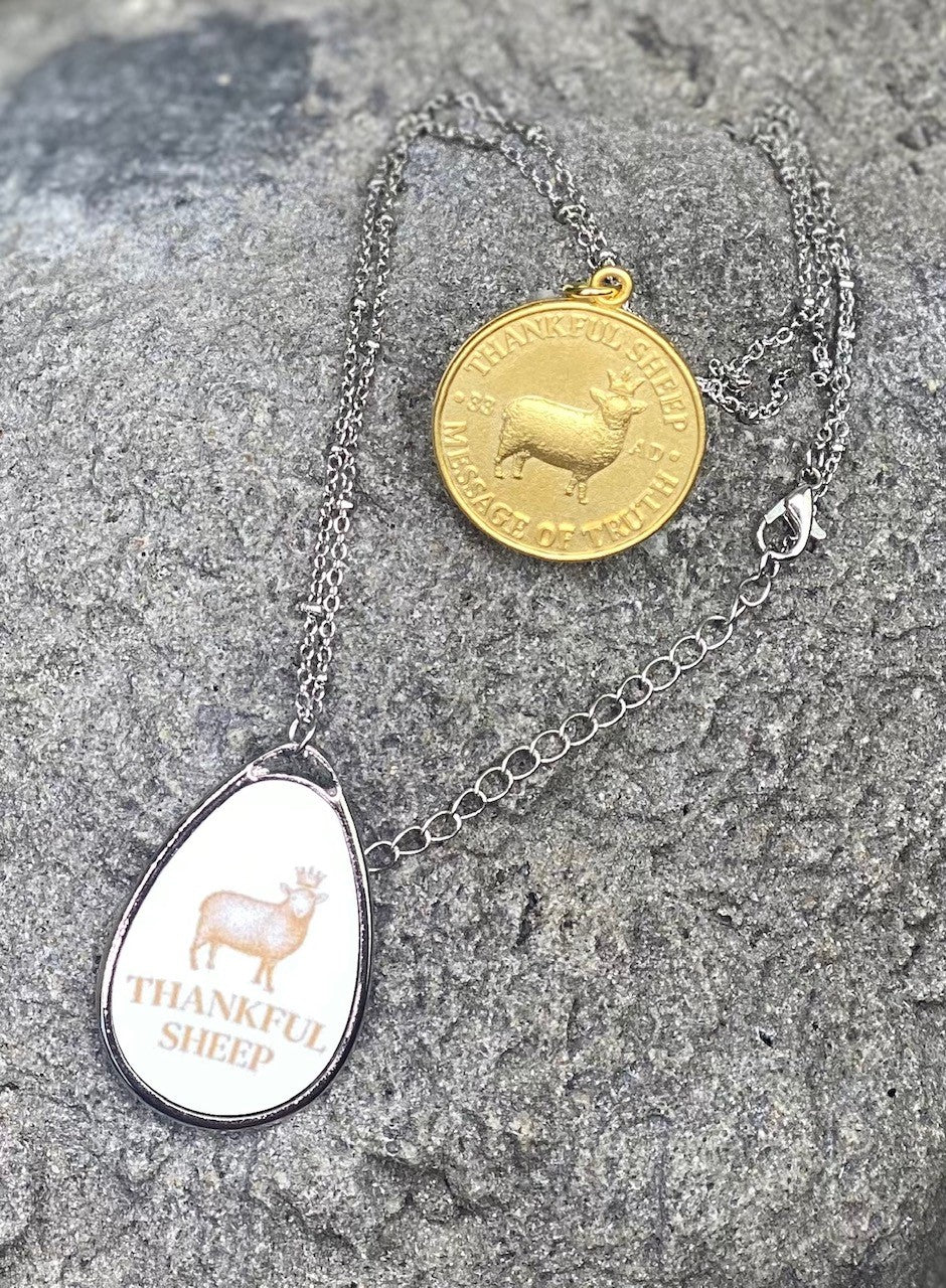 Thankful Sheep Logo Oval Drop Necklace
