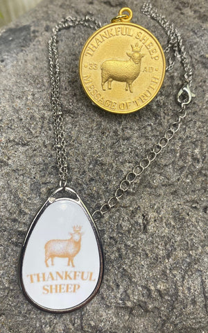 Thankful Sheep Logo Oval Drop Necklace