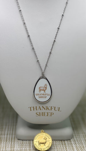 Thankful Sheep Logo Oval Drop Necklace