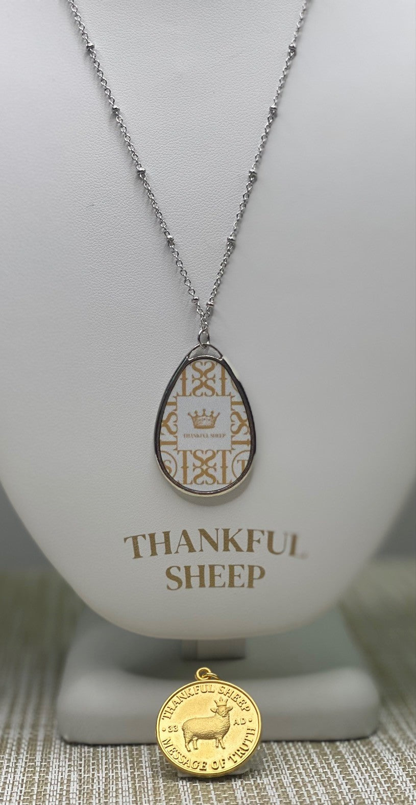 Thankful Sheep Icons Oval Drop Necklace  Light Gray/Gold