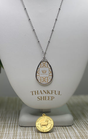 Thankful Sheep Icons Oval Drop Necklace  Light Gray/Gold