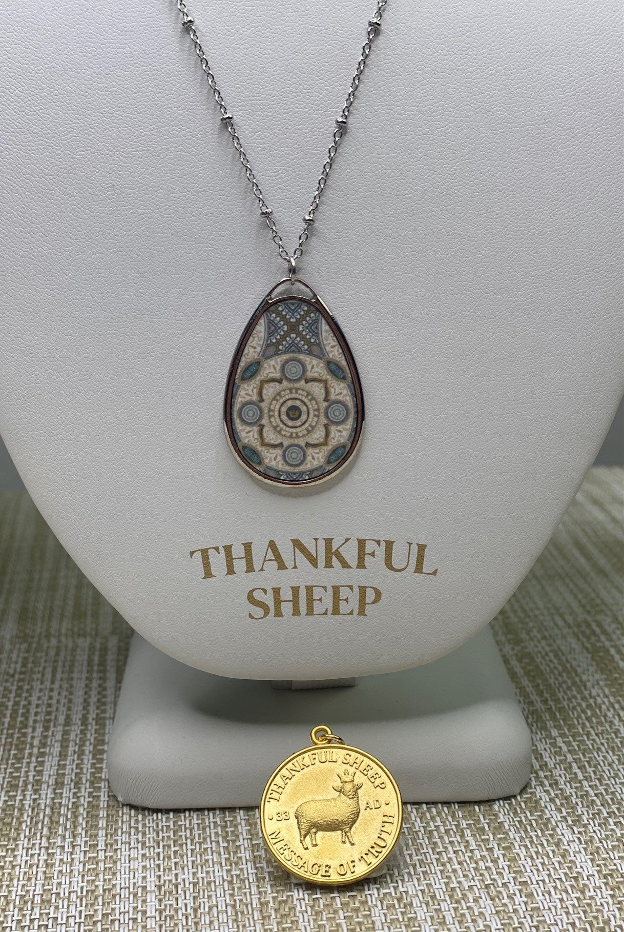 Thankful Sheep Harmony Oval Drop Necklace  Grays