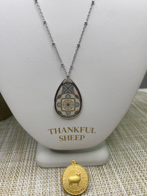 Thankful Sheep Harmony Oval Drop Necklace  Grays