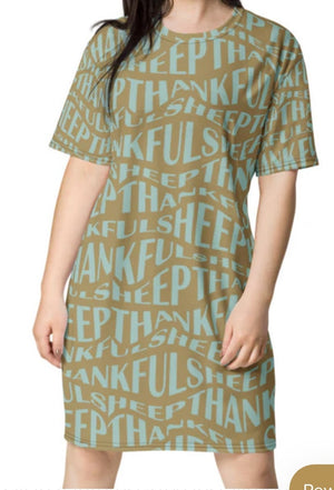 Thankful Sheep All Over Sheep T-Shirt Dress    Gold/Blue