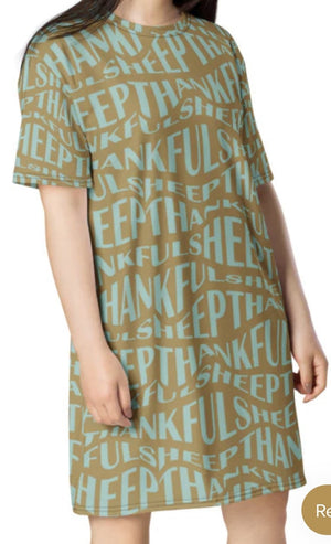 Thankful Sheep All Over Sheep T-Shirt Dress    Gold/Blue