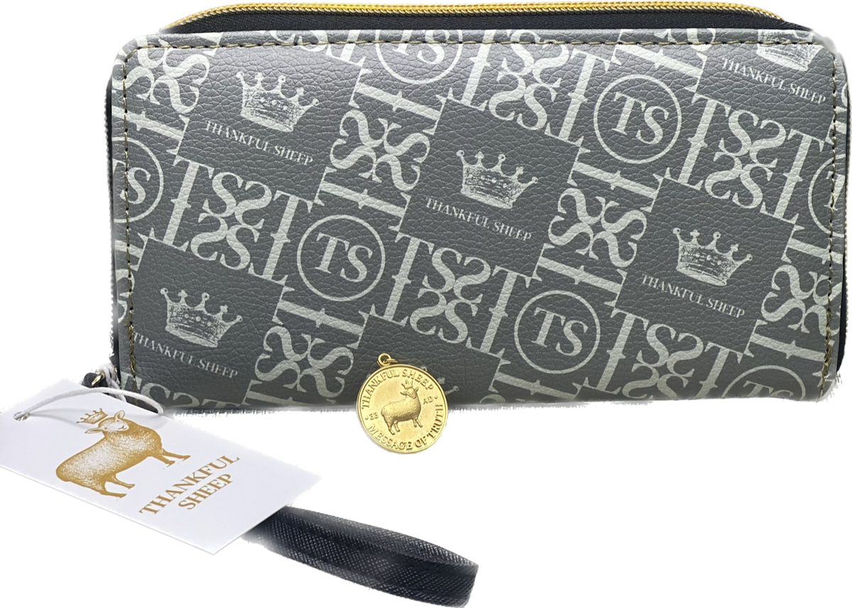 Thankful Sheep Icons Zip Wallet With Strap  Gray/Light Gray