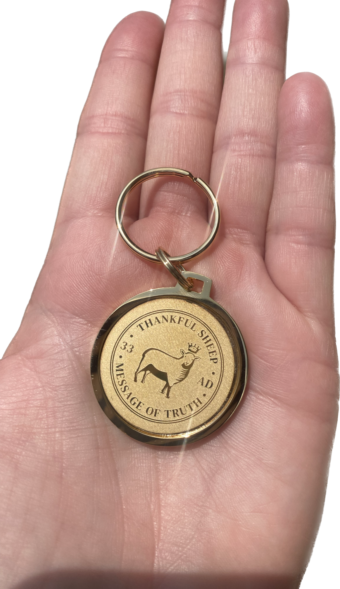 Thankful Sheep "Message of Truth" Medallion Key Ring Gold