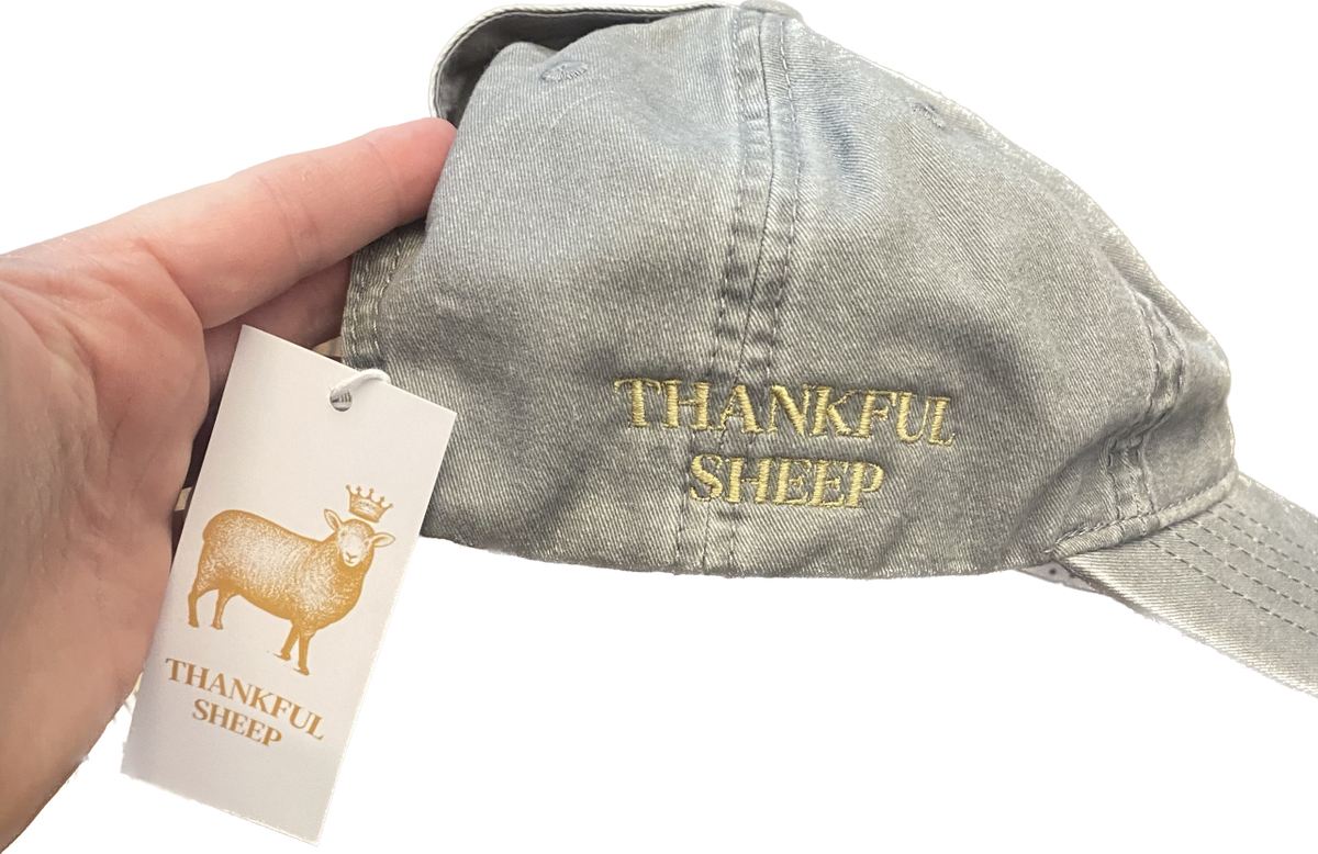 Thankful Sheep Embroidery Gray Hat Gold Stitching