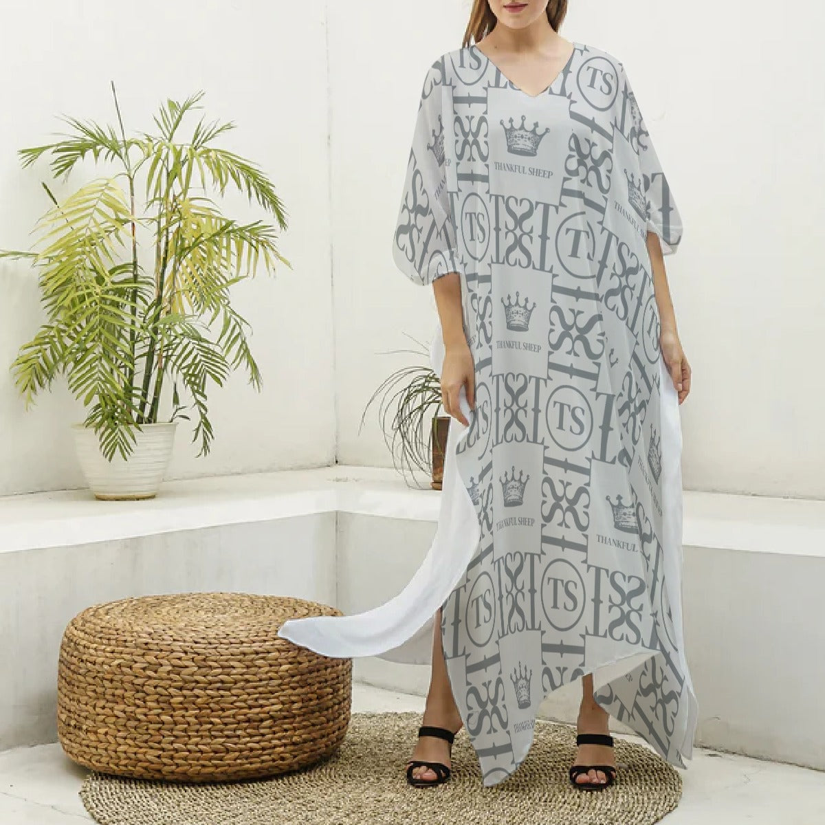 Thankful Sheep Icons V-neck Kaftan    Light Gray/Gray