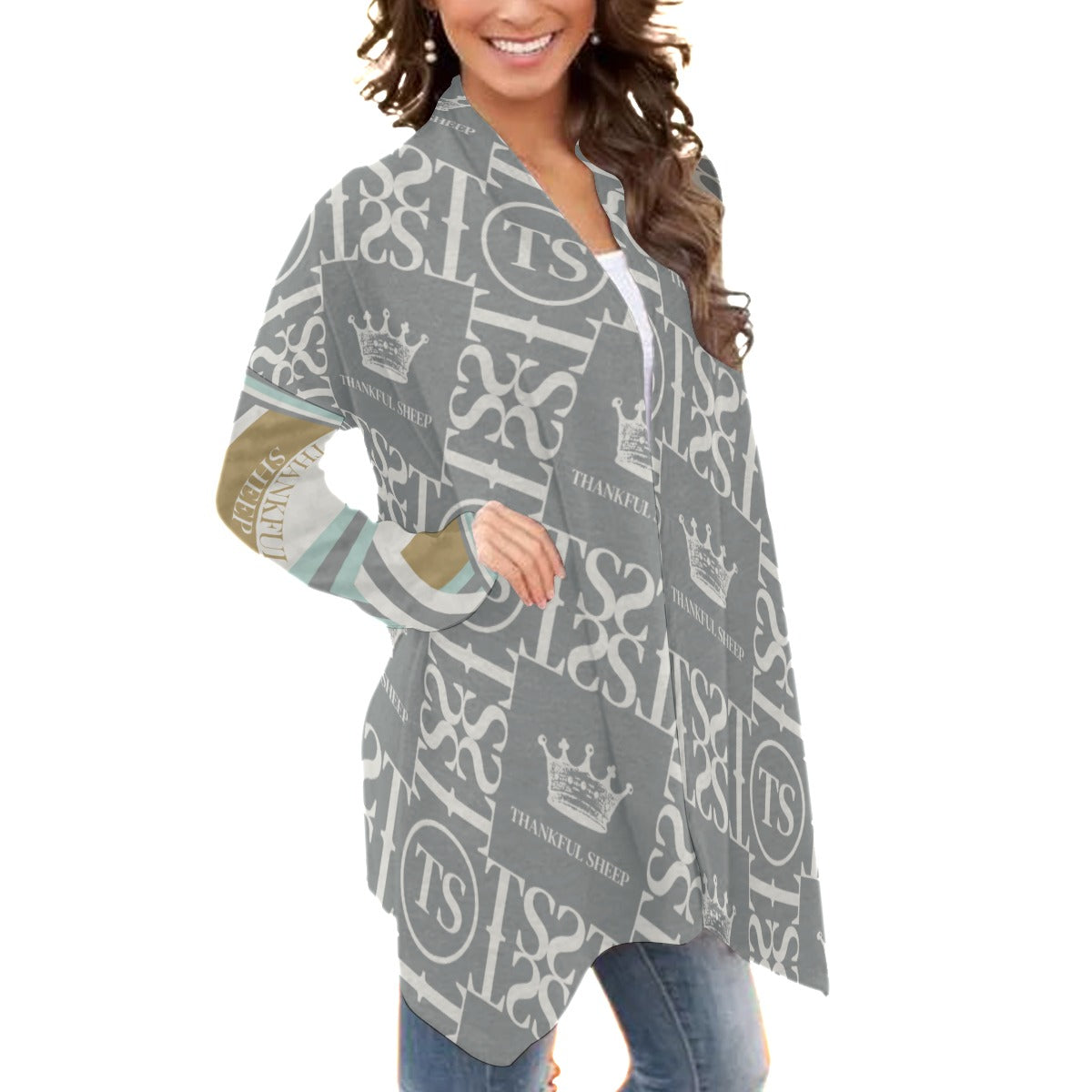 Thankful Sheep Icons and Bold Sheep Cardigan  Gray/Light Gray/Tan