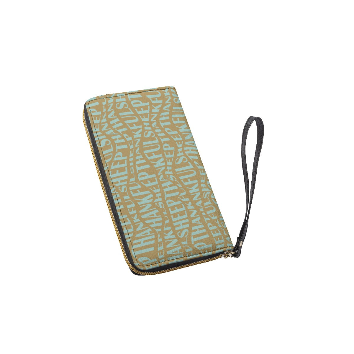 Thankful Sheep All Over Sheep Zip Wallet With Strap Gold/Blue